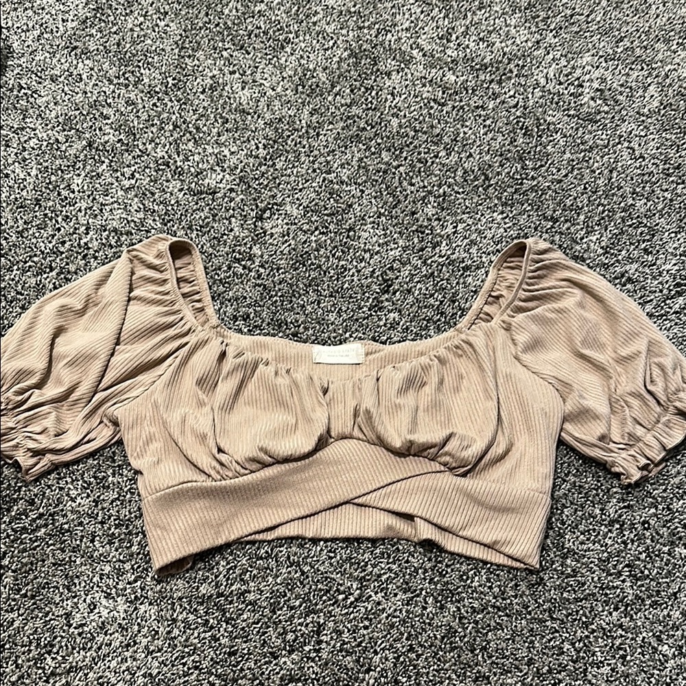 Altar'd State Tan Puff Sleeve Crop Blouse